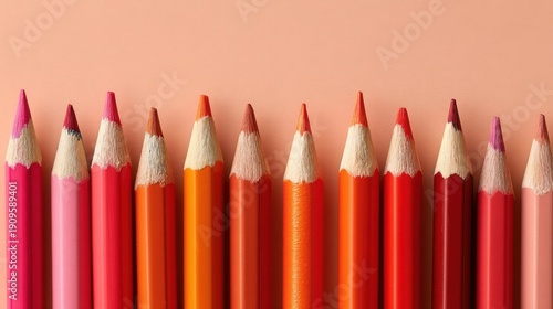 A vibrant row of sharpened colored pencils arranged neatly from red to pink against a soft peach background,