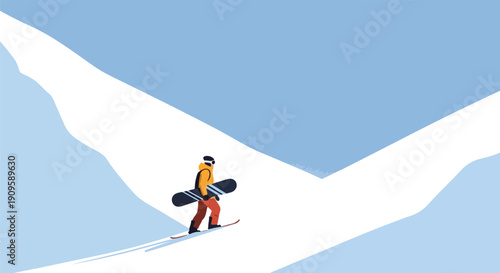 Minimal Snowboarder Walking on Mountain Ridge Illustration