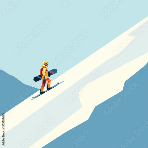 Minimal Snowboarder Walking on Mountain Ridge Illustration