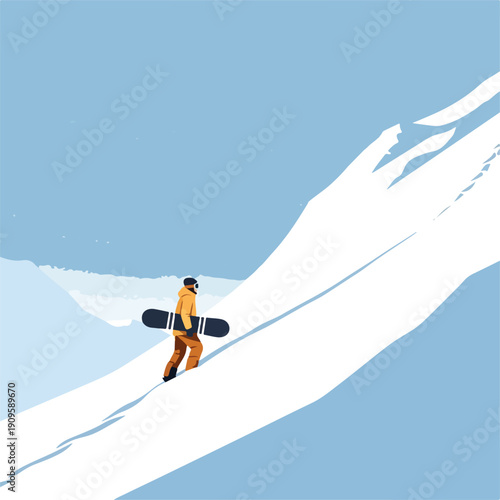 Minimal Snowboarder Walking on Mountain Ridge Illustration