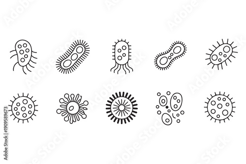 Collection of simple line art bacteria and viruses isolated on white background medical icons