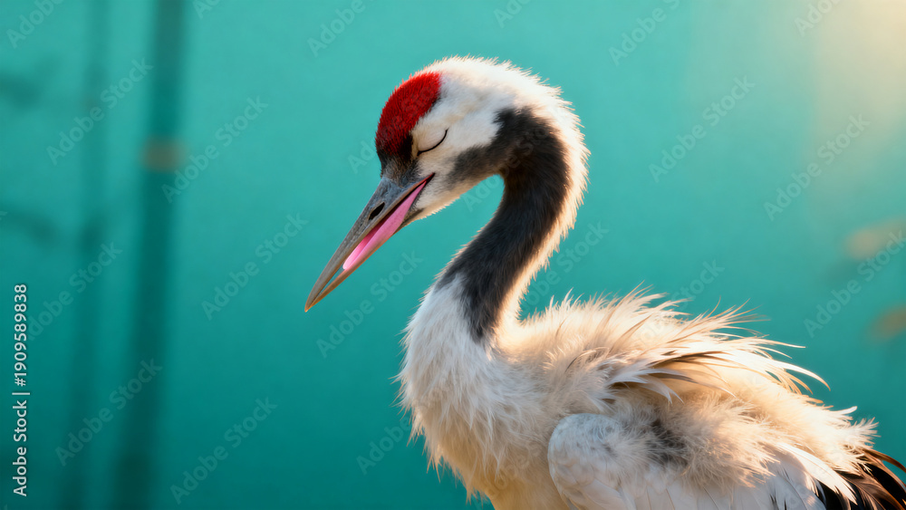 Obraz premium 青磁色のティール背景で目を閉じるタンチョウの雛、やわらかな微笑み