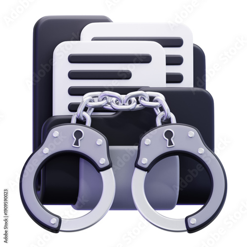 Digital Information Security Handcuffs on Documents Symbolizing Restricted Access, Data Protection, Cybercrime Prevention, Financial Fraud, and Identity Theft Safeguards