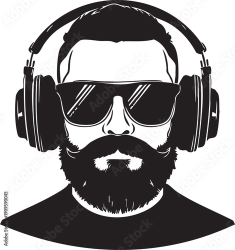 Symmetrical Bearded Man Portrait with Sunglasses and Headphones for Music DJ and Lifestyle Vector Art Silhouette Icon