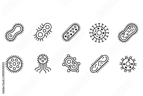 Set of minimalist line icons illustrating various bacteria and viruses on isolated white background