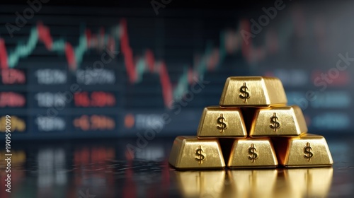 Shiny gold bars arranged in a pyramid with dollar signs,