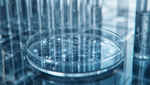 試験管をデータ柱に見立てた六角形ネットワークの科学メタファー背景写真