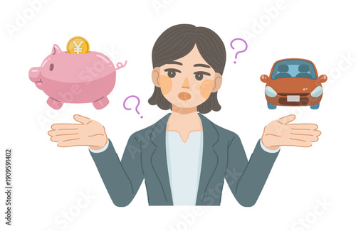 スーツ姿の女性が、車にかかる費用を考えているイラスト