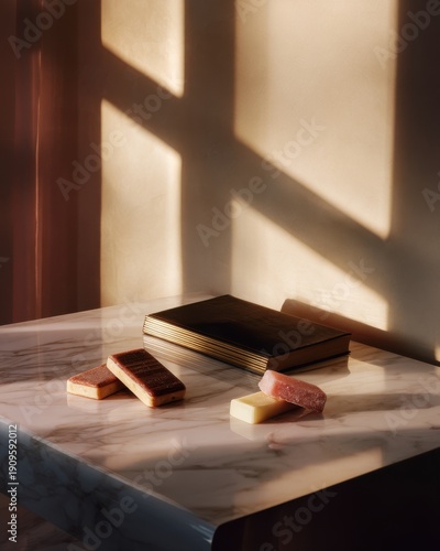 Elegant marble table with books and sweets in sunlit interior
