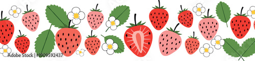 Cute strawberry seamless pattern with fresh berries leaves and flowers playful flat vector illustration for summer designs food packaging and textile backgrounds