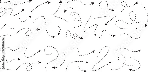 Dotted broken arrows. Doodle curves, dots, wavy lines. Directional marks for creative travel map illustrations. Hand-drawn dash arrow collection. Dotted lines, dashed curves, circular swirls BG