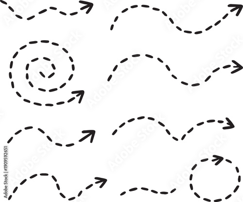 Dotted broken arrows. Doodle curves, dots, wavy lines. Directional marks for creative travel map illustrations. Hand-drawn dash arrow collection. Dotted lines, dashed curves, circular swirls 