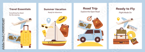 Collection of travel themed Poster Set featuring airplane, suitcase, sailboat, road trip car, and luggage for vacation and adventure concepts.