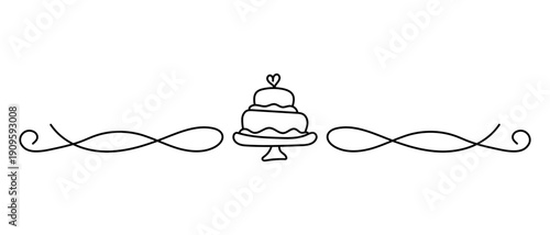 Seamless decorative squiggle line border with wedding cake and heart topper