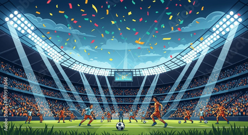 Exciting Night Match in a Packed Football Stadium