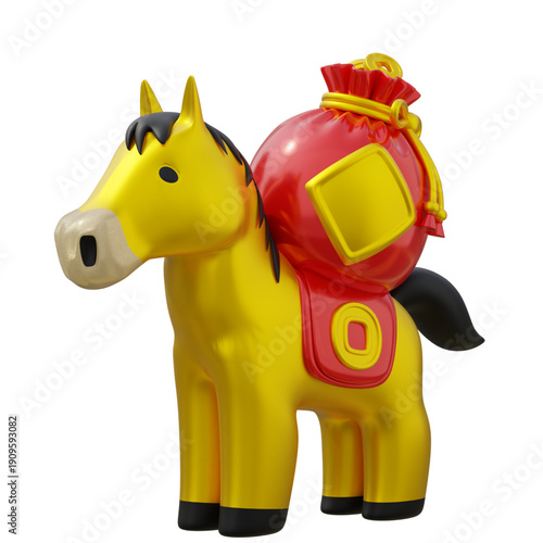 A charming 3D rendered golden horse figurine happily carrying a bountiful red gift bag, symbolizing prosperity and good fortune for holidays and celebrations, isolated on a white background