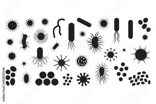 Arrangement of black virus and bacteria icons of various shapes and forms on white background