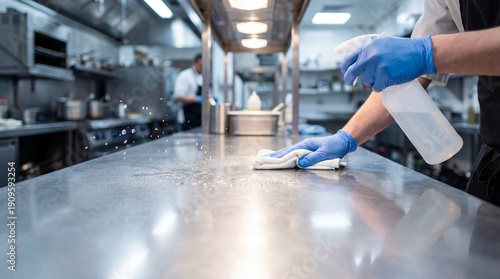 Gloved hands wipe down a stainless steel prep table with a plain spray bottle and cloth in a commercial restaurant kitchen, conveying professional hygiene and food safety with clean copy space.