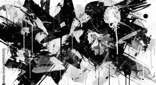 Dynamic abstract art with bold black and white brushstrokes