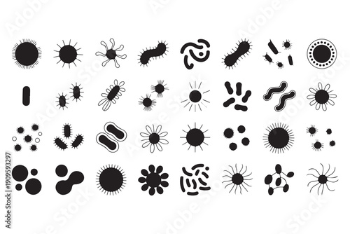 Collection of various black microbe icons on white background microbiology science vector illustrations