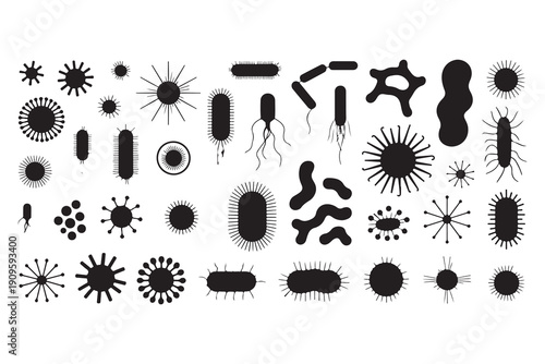 Set of black silhouette microorganisms and bacteria icons on white background biology science vector art