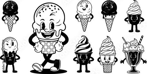 Cartoon ice cream. Comic retro happy walking mascot gelato. Vintage funny cone, nice freeze sweets stickers and card. Character ice cream scoop for cafe, shop. Vector set