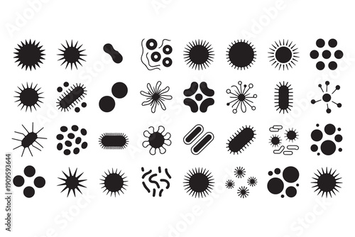 Set of black virus icons, bacteria, germ, microbe, parasite, probiotic, disease, infection cell collection