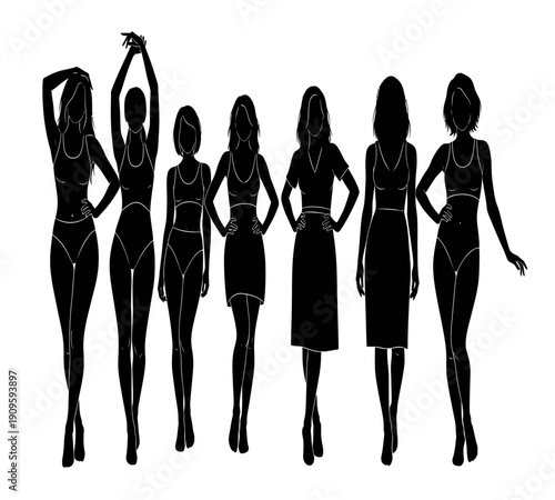 Silhouettes of women in various poses and outfits representing diverse body shapes and styles high quality