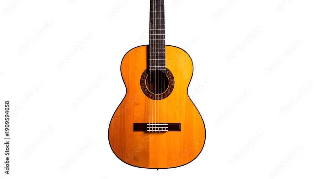 Obraz premium A classical wooden guitar, front view, isolated against a solid black background