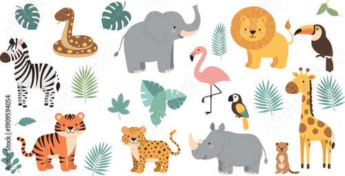 Cute safari animals cartoon set with lion elephant giraffe zebra tiger and tropical leaves playful vector illustration for kids nursery and wildlife designs