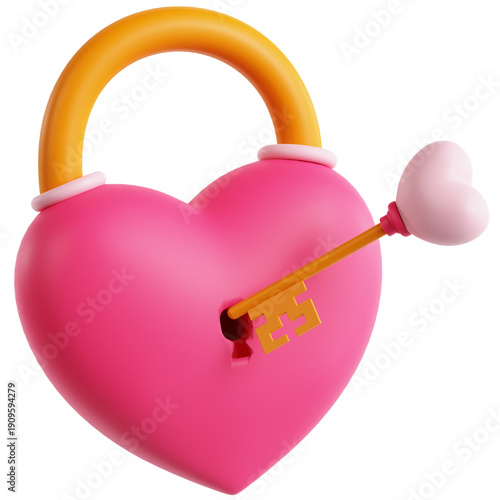 Heart-shaped padlock with a key inserted, symbolizing love and security in a 3D render