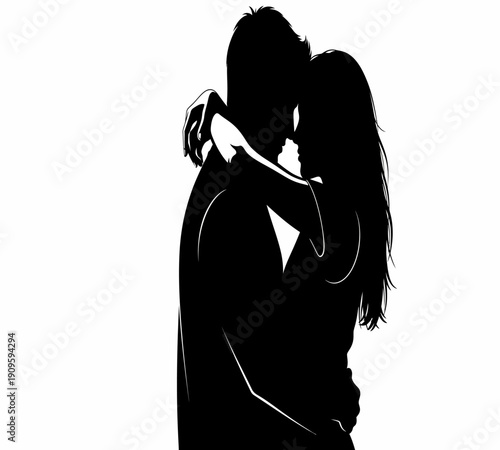 A silhouetted couple embraces tenderly showcasing affection and intimacy against a stark white background high quality