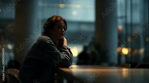 Woman Sitting Alone at Table in Dimly Lit Room.