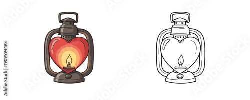 Vintage kerosene lantern with heart-shaped red glass and glowing flame inside in cartoon style on white background for romantic decoration and lighting design