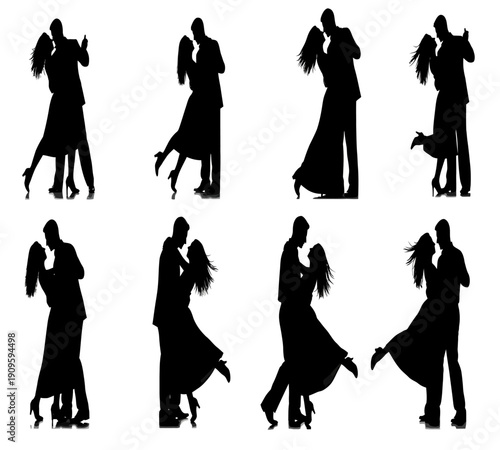 Silhouettes of couples dancing embracing and posing in various romantic positions high quality professional detailed modern