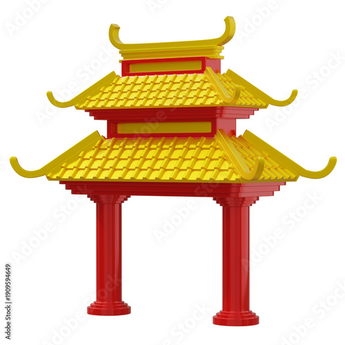 Traditional Pagoda-style Gate with Red Pillars and Yellow Tiered Roof