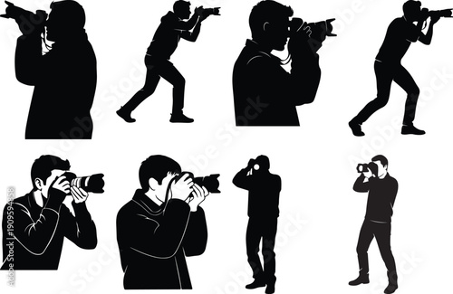 This vector illustration showcases a diverse collection of distinct black silhouettes depicting several male photographers actively engaged in the art of taking pictures with their professional camera