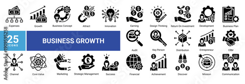 Business Growth icon pack featuring modern icons related to entrepreneurship, marketing, financial performance, innovation, development, and strategic success. Perfect for digital business, startups, 