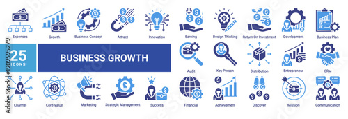 Business Growth icon pack featuring modern icons related to entrepreneurship, marketing, financial performance, innovation, development, and strategic success. Perfect for digital business, startups, 