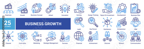 Business Growth icon pack featuring modern icons related to entrepreneurship, marketing, financial performance, innovation, development, and strategic success. Perfect for digital business, startups, 