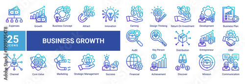 Business Growth icon pack featuring modern icons related to entrepreneurship, marketing, financial performance, innovation, development, and strategic success. Perfect for digital business, startups, 