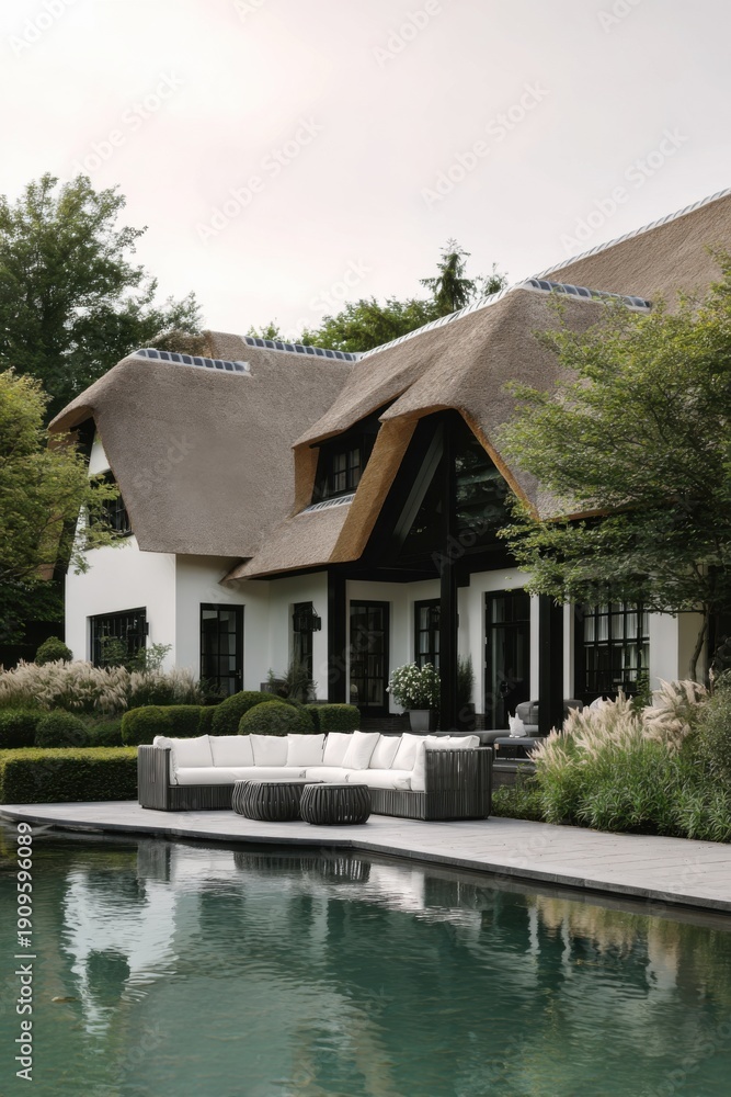 Obraz premium Modern house with a thatched roof located near a pool surrounded by green plants during a cloudy day in a residential area