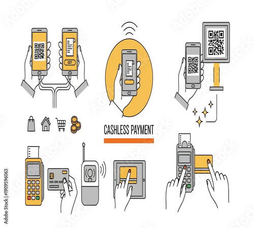 Illustration depicting various modern cashless payment methods including mobile and card transactions high quality professional detailed