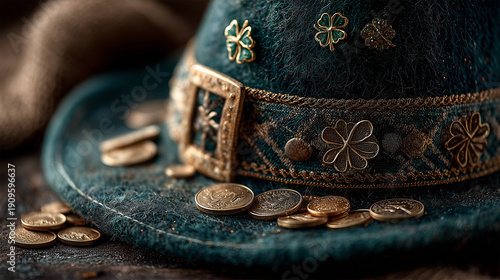 Close up of Leprechaun hat with gold coins - ai generative