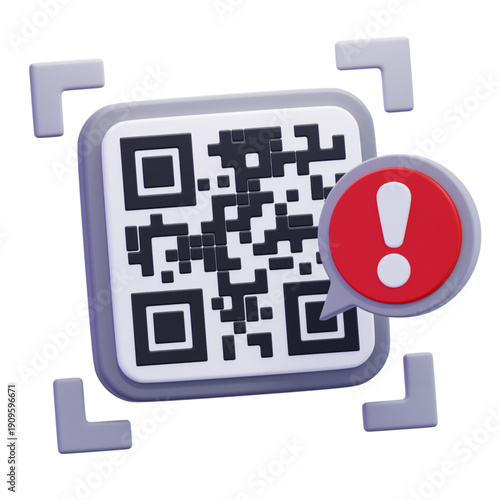 A visually striking 3D rendering depicting a QR code with an accompanying red error notification bubble, symbolizing a scanning problem, invalid link, or system failure concept in digital environments