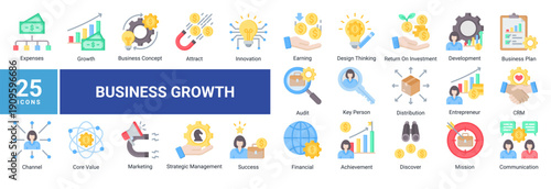 Business Growth icon pack featuring modern icons related to entrepreneurship, marketing, financial performance, innovation, development, and strategic success. Perfect for digital business, startups, 