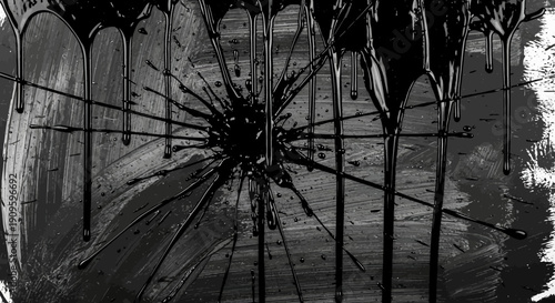 Dramatic black splatter on shattered glass surface