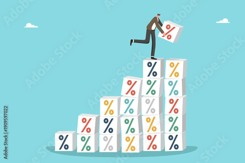 Concept of financial growth, profit increase, strategic planning, step by step progress, investment return and achieving business goals. Businessman building staircase from percentage blocks.