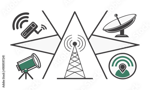 Flat security camera and communication technology icon set isolated on white vector set illustration, easily editable.