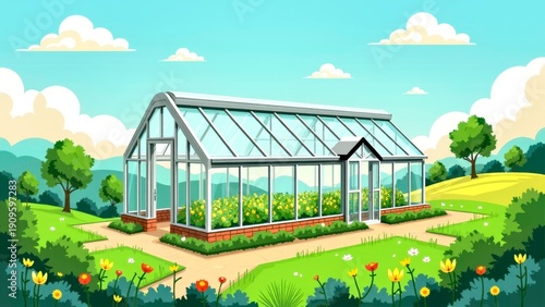 Panoramic view of greenhouse farm